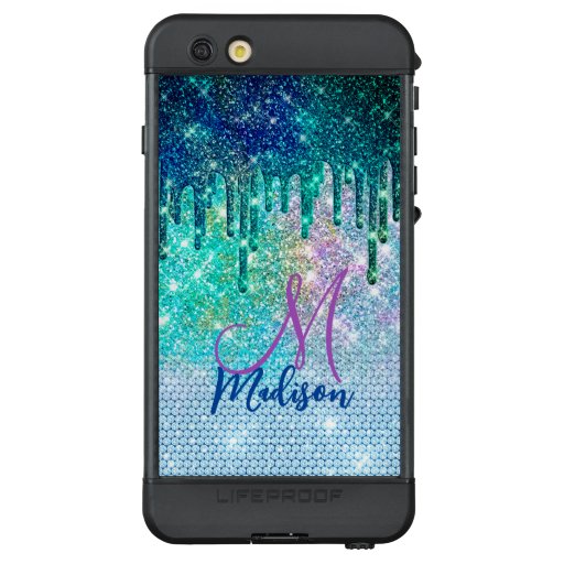 Cute blue iridescent unicorn faux glitter monogram LifeProof NÜÜD iPhone 6s plus case