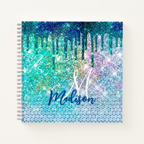 Cute blue iridescent unicorn faux glitter monogram notebook