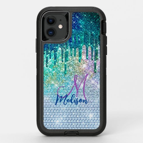 Cute blue iridescent unicorn faux glitter monogram OtterBox defender iPhone 11 case