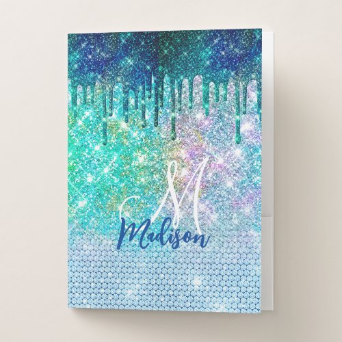 Cute blue iridescent unicorn faux glitter monogram pocket folder