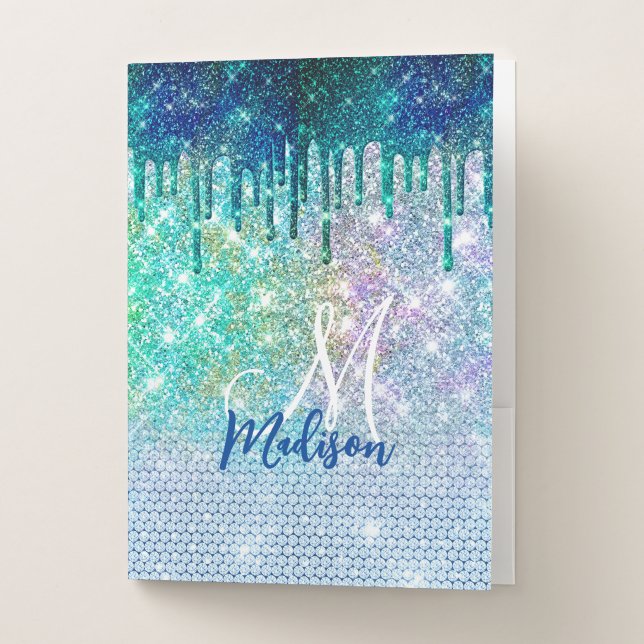 Cute blue iridescent unicorn faux glitter monogram pocket folder (Front)