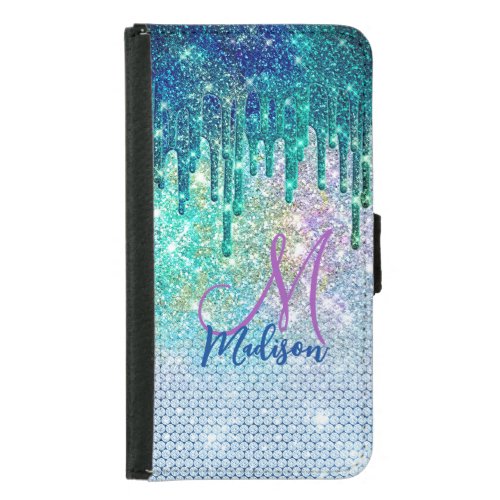 Cute blue iridescent unicorn faux glitter monogram samsung galaxy s5 wallet case