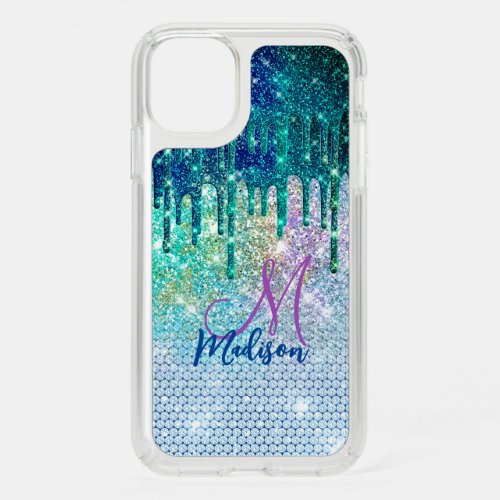Cute blue iridescent unicorn faux glitter monogram speck iPhone 11 case