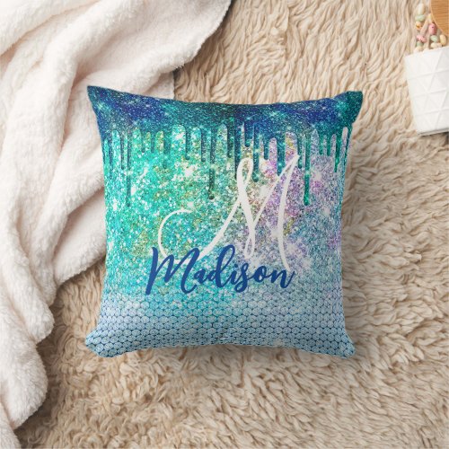 Cute blue iridescent unicorn faux glitter monogram throw pillow