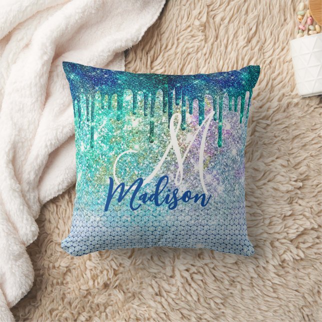 Cute blue iridescent unicorn faux glitter monogram throw pillow (Blanket)