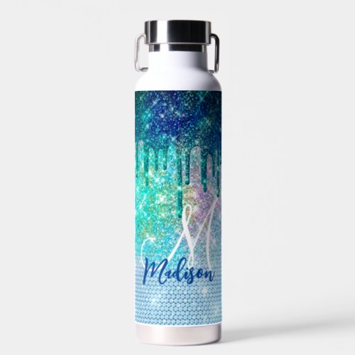 Cute blue iridescent unicorn faux glitter monogram water bottle
