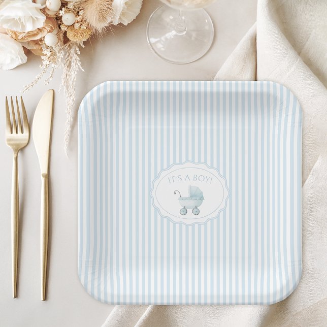 Cute Blue It's a Boy Stroller Baby Shower Paper Plates (Creator Uploaded)