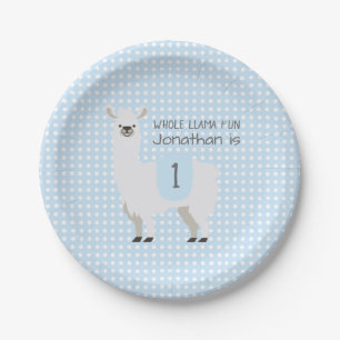 Cute Blue & Ivory Llama Kids Birthday Party Paper Plates