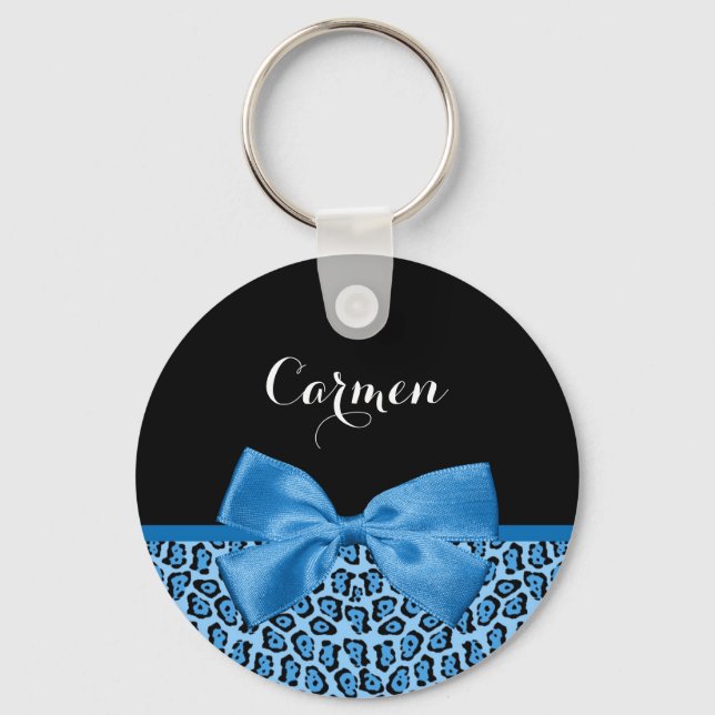 Cute Blue Jaguar Print Bright Blue Ribbon and Name Keychain (Front)