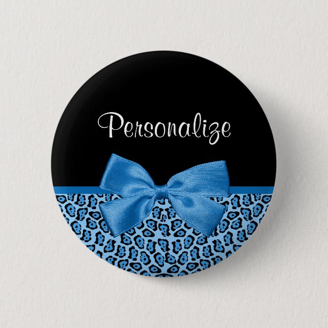Cute Blue Jaguar Print Bright Blue Ribbon and Name Pinback Button (Front)
