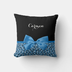 Cute Blue Jaguar Print Bright Blue Ribbon and Name Throw Pillow