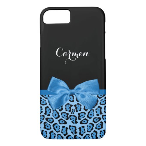 Cute Blue Jaguar Print With Girly Bow and Name iPhone 87 Case