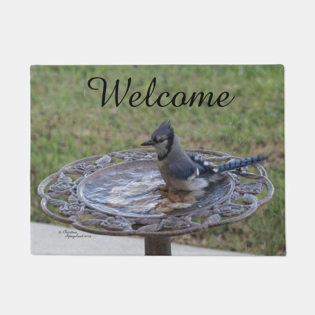 Cute Blue Jay Bird Spiegeland Welcome Doormat (Front)