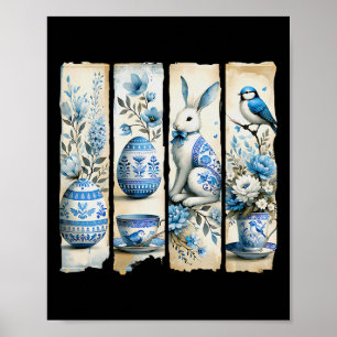 Cute Blue Jay Easter Bunny Eggs Flowers Ripped Pag Poster