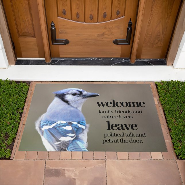 Cute Blue Jay Songbird on Treestump Doormat (Outdoor)
