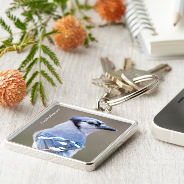 Cute Blue Jay Songbird on Treestump Keychain (Side)