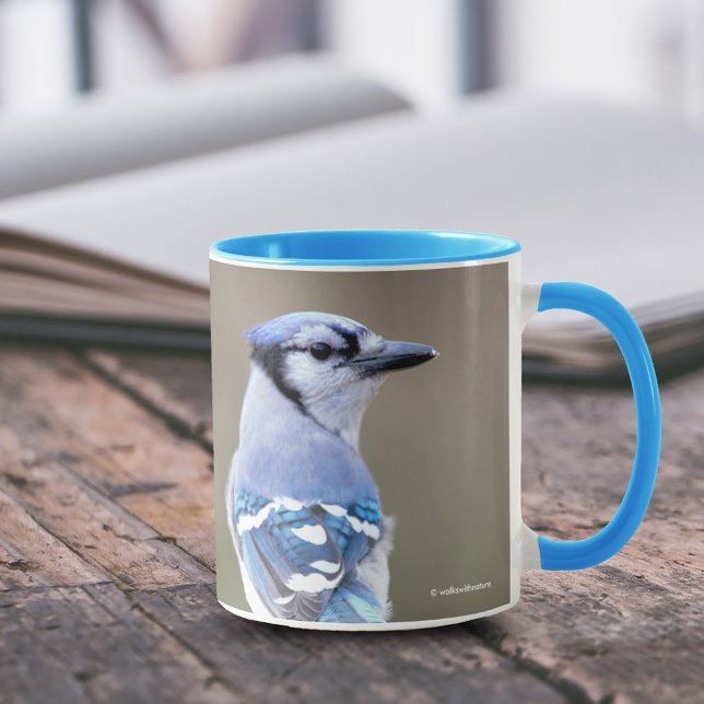 Cute Blue Jay Songbird on Treestump Mug (Cute Blue Jay on Treestump 11 oz Coffee Mug Cover Photo.)