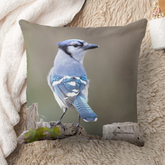 Cute Blue Jay Songbird on Treestump Throw Pillow (Blanket)