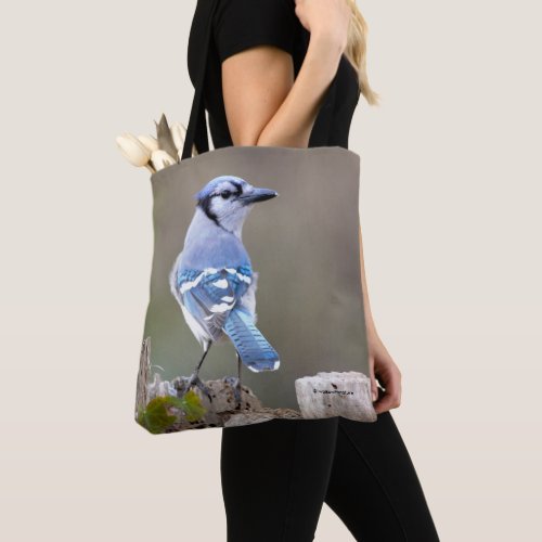 Cute Blue Jay Songbird on Treestump Tote Bag
