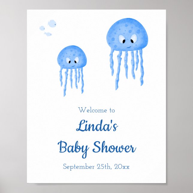 Cute Blue Jellyfish Baby Shower Welcome Poster (Front)