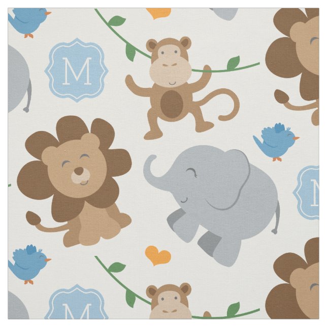 Cute Blue Jungle Animals Baby Boy Fabric (Swatch)