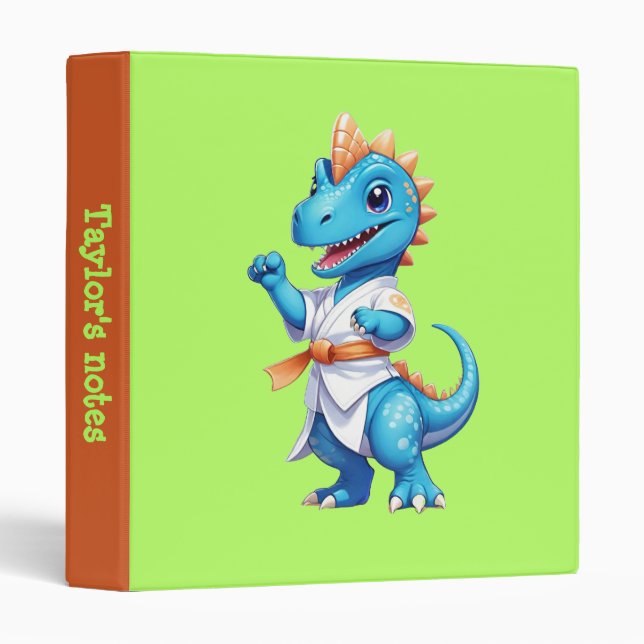 Cute blue karate dinosaur 3 ring binder (Front/Spine)