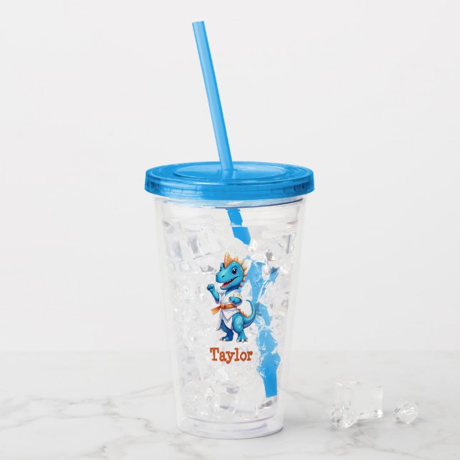 Cute blue karate dinosaur acrylic tumbler (Front Ice)
