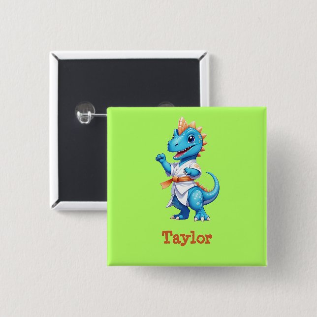 Cute blue karate dinosaur button (Front & Back)