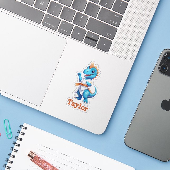 Cute blue karate dinosaur sticker (Laptop w/ iPhone)
