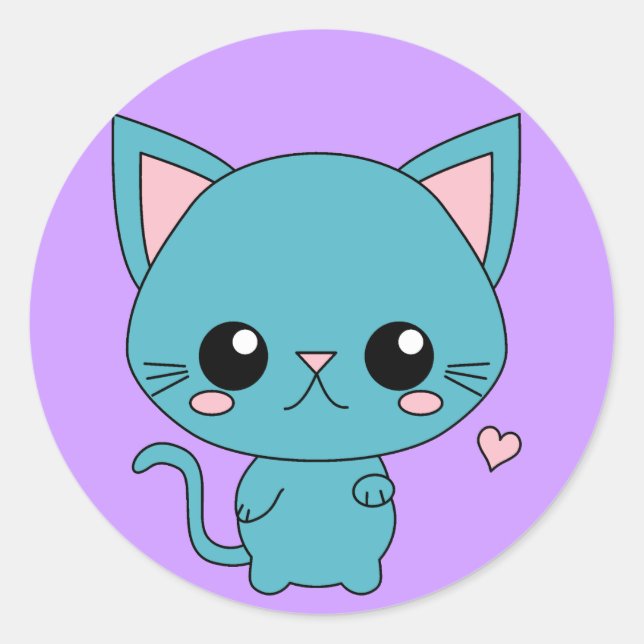 Cute Blue Kawaii Cat Classic Round Sticker (Front)