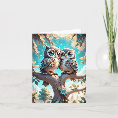 Cute Blue Kawaii Chibi Owls Blank Greeting  Card