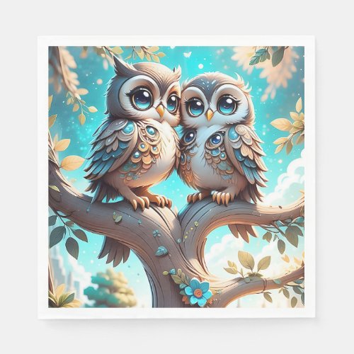 Cute Blue Kawaii Chibi Owls Illustration  Napkins