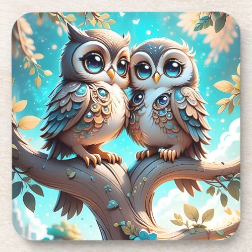 Cute Blue Kawaii Chibi Owls on a Tree Branch Beverage Coaster