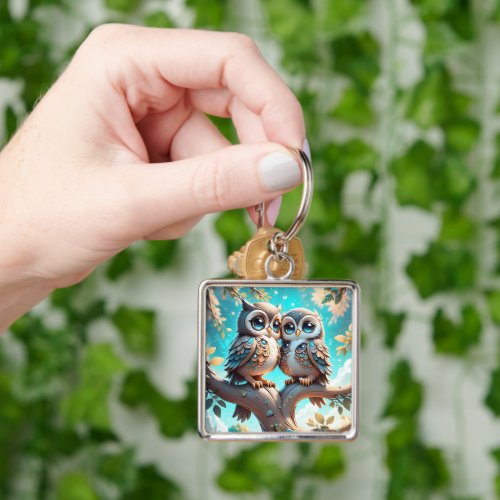 Cute Blue Kawaii Chibi Owls on a Tree Branch Keychain