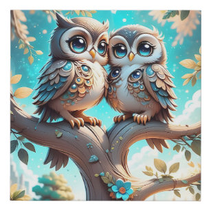 Cute Blue Kawaii Chibi Owls Tree Branch Faux Canvas Print