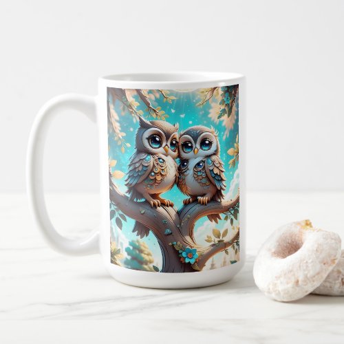 Cute Blue Kawaii Chibi Owls Tree Coffee Mug