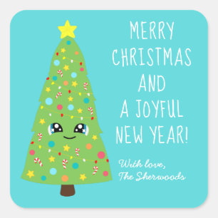 Cute Blue Kawaii Christmas Tree Cartoon Merry Xmas Square Sticker