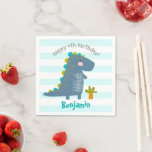Cute Blue Kawaii Dinosaur Boy Birthday Name Fun Napkins<br><div class="desc">A fun, whimsical, playful visual of a cute, bold, kawaii, navy blue t-rex, and fun, handwritten typography over a light turquoise blue and white striped background, honors the birthday child. Add love and joy to your party whenever you use this simple, modern, and whimsical, personalized paper napkin. Your choice of...</div>