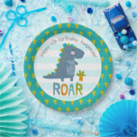 Cute Blue Kawaii Dinosaur Roar Boy Birthday Name Paper Plates<br><div class="desc">“Roar”. A fun, whimsical, playful visual of a cute, bold, kawaii, navy blue t-rex, and fun, handwritten typography over a light turquoise blue and white striped circle background, honors the birthday child. An adorable palm tree pattern overlaying turquoise blue is on the rim, framing the illustration. Add love and joy...</div>