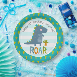 Cute Blue Kawaii Dinosaur Roar Boy Birthday Name Paper Plates