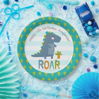 Cute Blue Kawaii Dinosaur Roar Boy Birthday Name Paper Plates