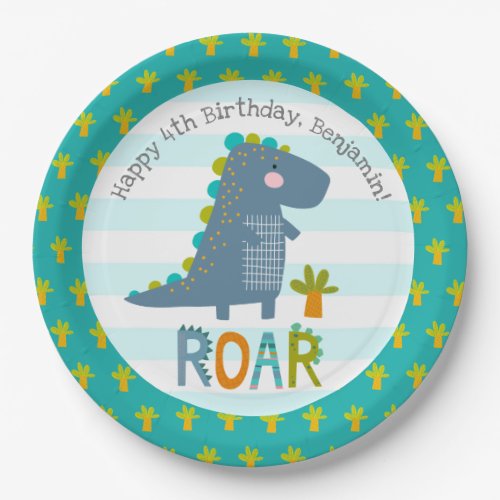 Cute Blue Kawaii Dinosaur Roar Boy Birthday Name