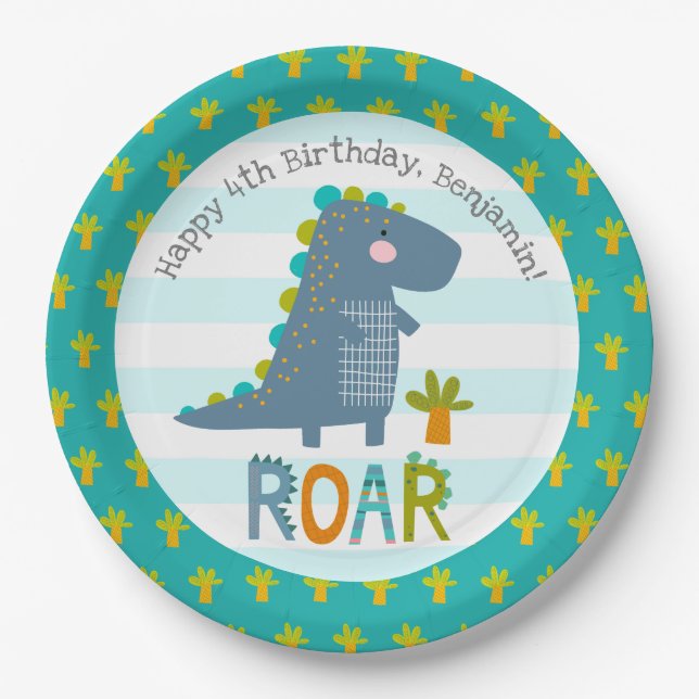 Cute Blue Kawaii Dinosaur Roar Boy Birthday Name Paper Plates (Front)