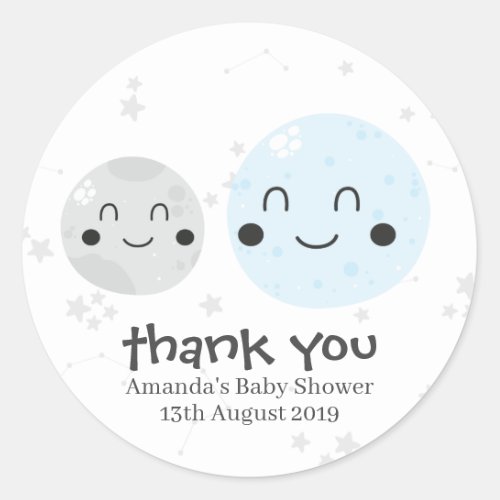 Cute Blue Kawaii Planet and Moons Baby Shower Classic Round Sticker