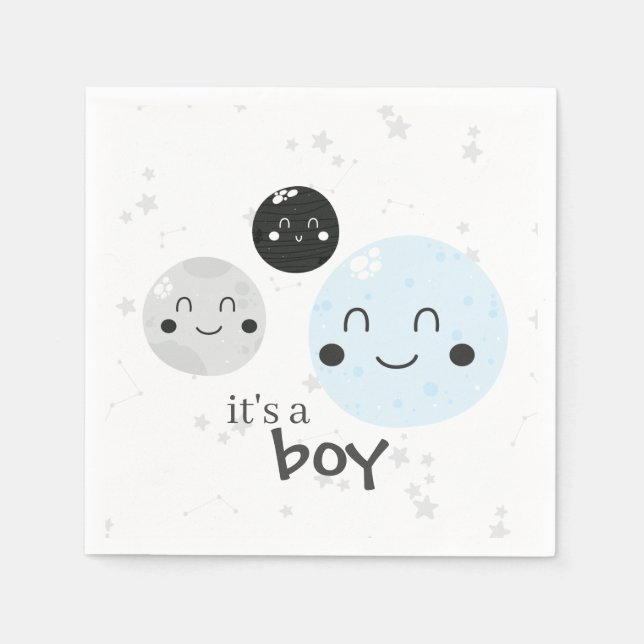 Cute Blue Kawaii Planet and Moons Baby Shower Napkins (Front)