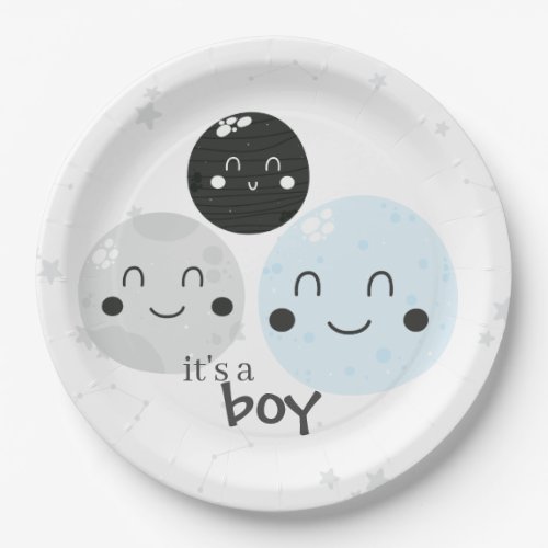 Cute Blue Kawaii Planet Its a Boy Baby Shower Paper Plates