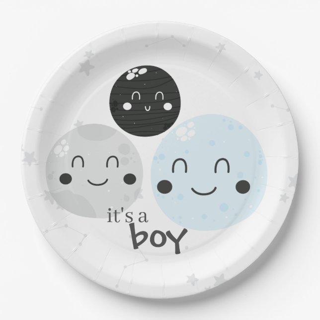 Cute Blue Kawaii Planet It's a Boy Baby Shower Paper Plates (Front)