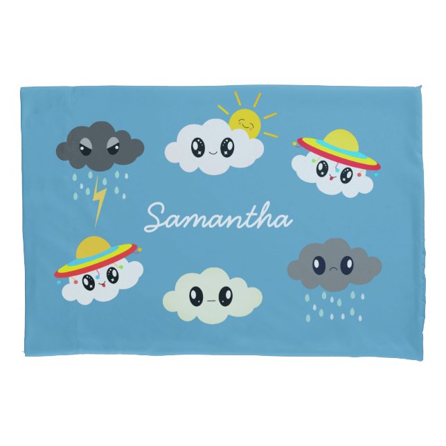 Cute Blue Kawaii Weather Cloud Cartoon Kid's Pillow Case (Front)