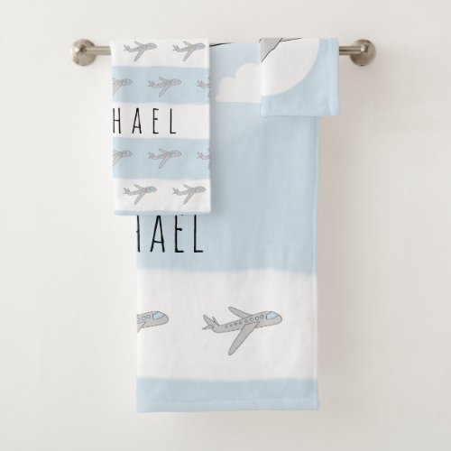 Cute Blue Kids Blue Airplane Travel Design  Name Bath Towel Set
