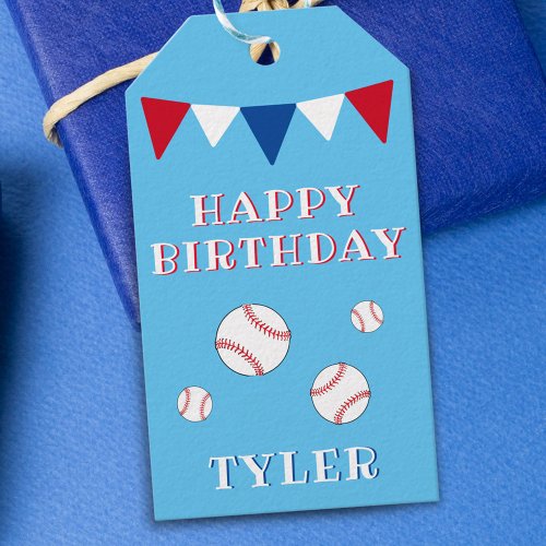 Cute Blue Kids Boy Baseball Birthday  Gift Tags